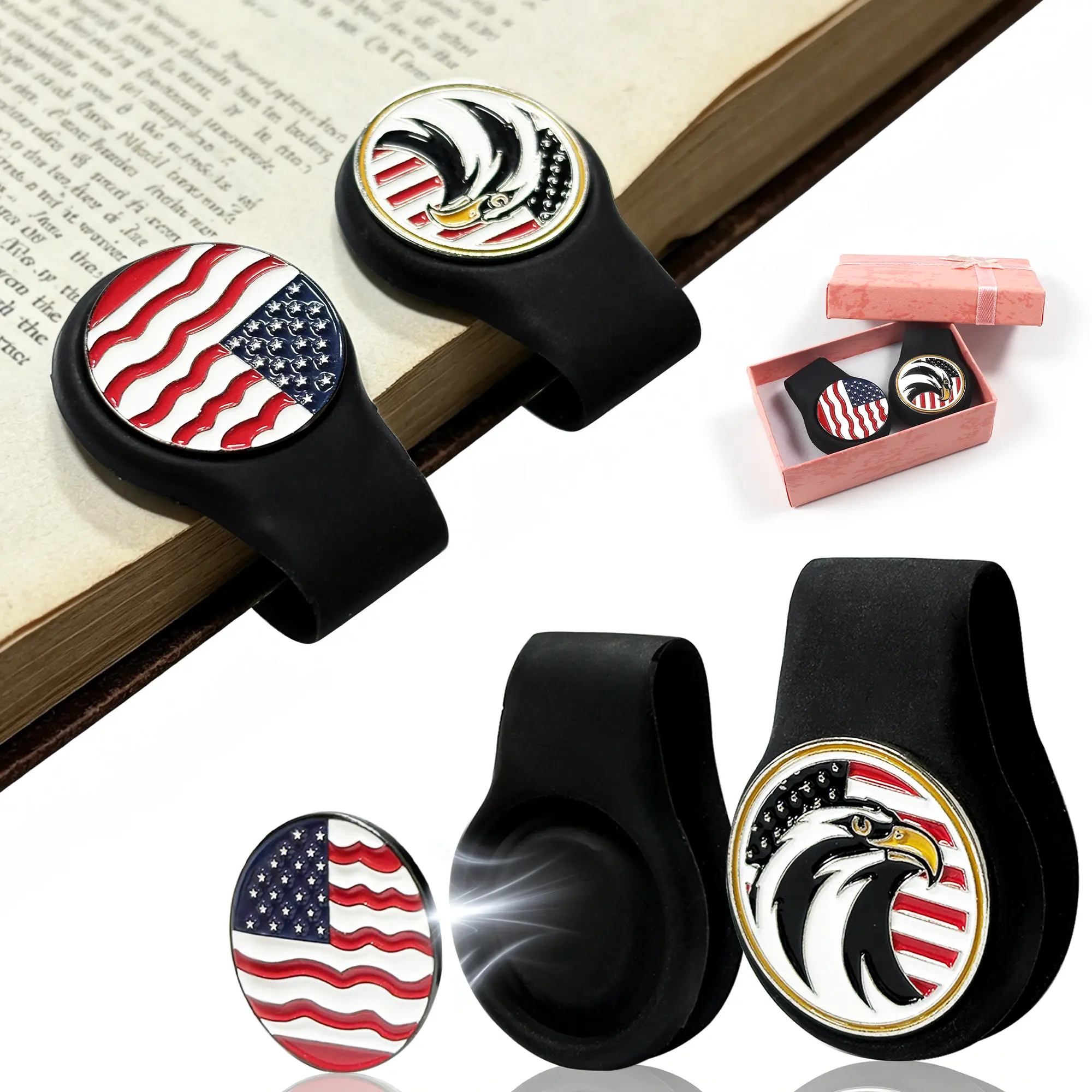 Classic Unisex Patriotic American Flag Eagle Magnetic Hat Clip Set (2PCS) - Silicone Alloy Magnetic Hold, Golf Ball Marker Holder, Book Page Marker Fashion Accessory Gift for Golf Lovers, Unisex Wear, Everyday Use, 2-Pieces, Eagle Pattern