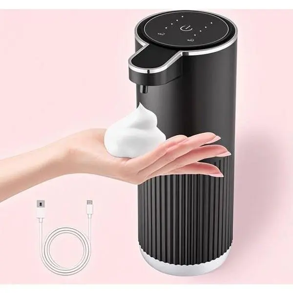 Black Electric Infrared Touchless Foam Soap Dispenser, Compact 400ml (13.5oz) USB Rechargeable, 4 Levels of Foam Dispensed, Waterproof Splashproof, Easy Installation for Bathroom Countertop, Kitchen Sink