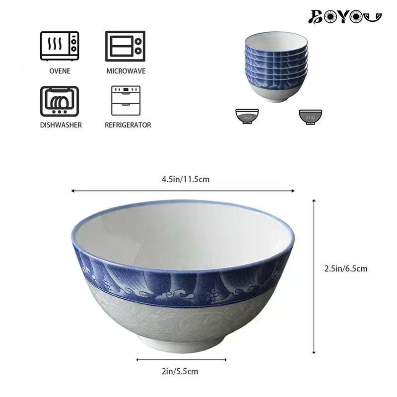 Viral Chinese Style Blue Wave Ceramic Bowls! BOYOU 4.5 Inch Underglaze Rice Bowls Set, Microwave & Dishwasher Safe, Thickened Anti-Scald Stackable Bowls for Pasta, Soup, Home Kitchen Upgrade Must-Have!