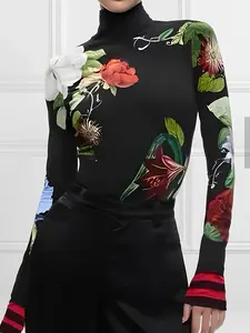 Autumn New Women's High Neck Floral Long Sleeve Top Blouse, Elegant Ladies Fashion, Perfect for Casual Wear, Stylish and Comfortable
