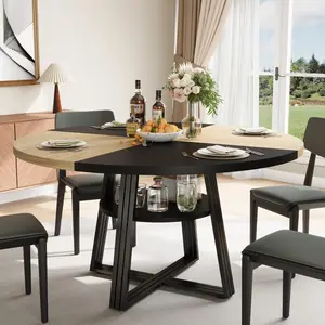 Garvee 47.2 Inch Round Dining Table for 4-6 People - Farmhouse Kitchen Table with 2-Tier Storage Shelf & x-Shaped Metal Base, Circle Dinner Table for Dining Room, Living Room, Apartment（Wood & Black ）