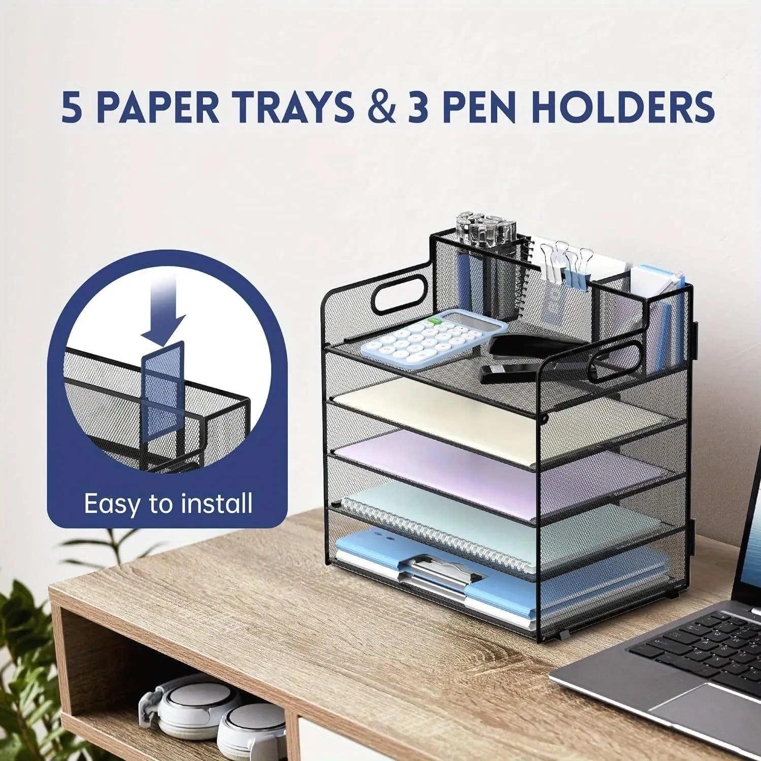 SUPEASY 5-Level Desk Organizer Featuring a Handle And Three Pen Holders, Mesh Design for Organizing Papers And Files, Ideal for Office Supplies