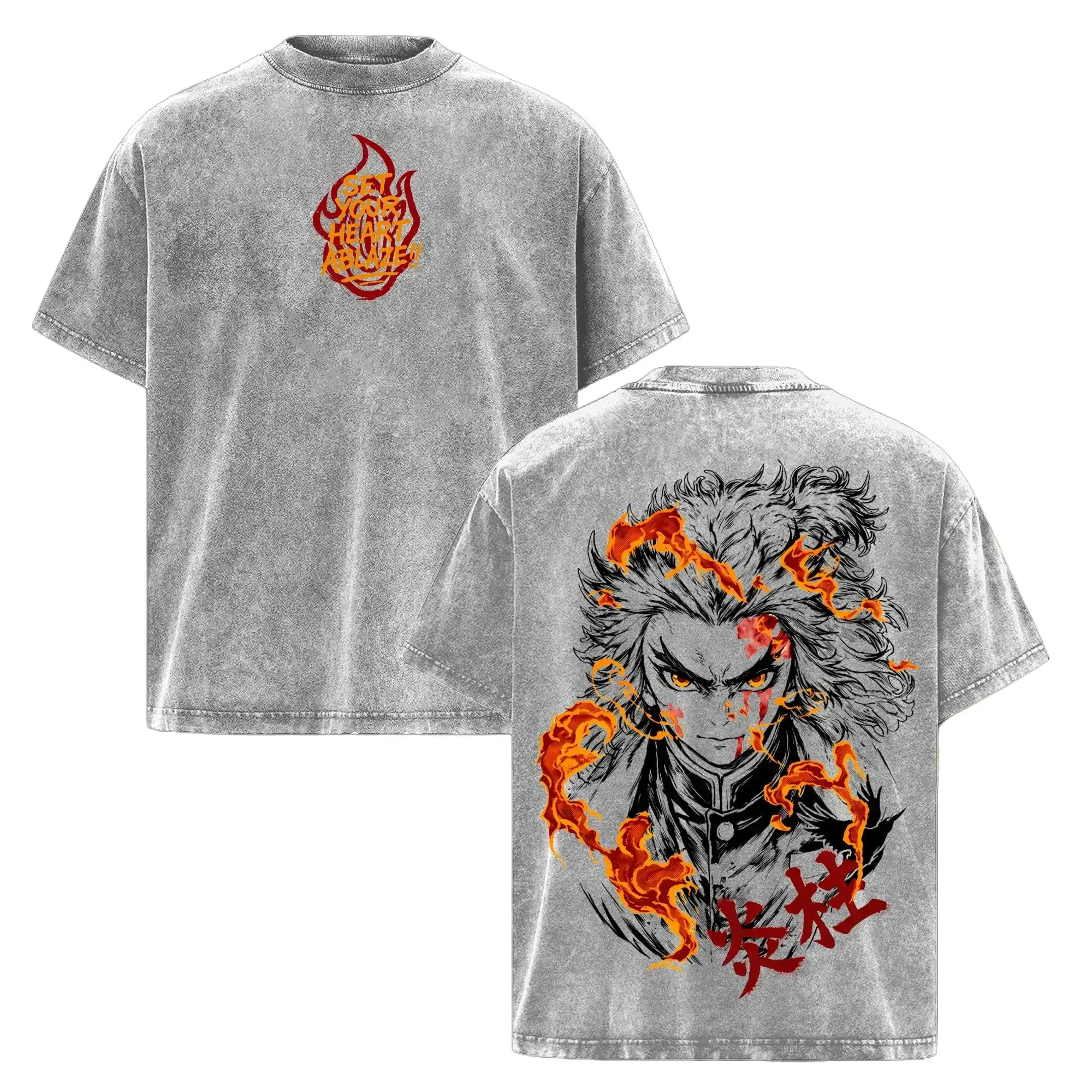 Unisex Rengoku Mugen Train Graphic T-Shirt - Soft, Vintage Washed Oversized Anime Apparel, Breathable Heavyweight Cotton Short Sleeve, Round Neck, Shoulder Tape, Seamless, Relaxed Fit, Cold Wash, S-3XL Menswear Streetwear Tee