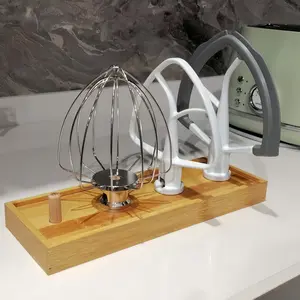 Bamboo Storage Tray for Kitchenaid Mixer Attachments, Freestanding V-Shelf Organizer, American Retro Style, 4 Vertical Post Positions for Flat Beater,tough hook,Wire Whip.