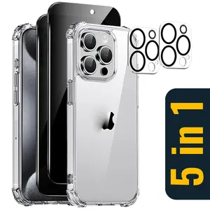 5-in-1 Phone Case Set for iPhone 17 16 15 14 13 12 11 Pro Max Plus, Shockproof Clear Case + 2 Privacy Screen Protectors + 2 Camera Lens Protectors