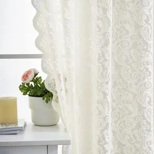 Ivory Lace Curtains 84 Inches Long - Victorian Floral Sheer Curtains for Living Room, Scalloped Privacy Cream Vintage Lace Window Curtains 1 Pair, Rod Pocket, 52 x 84 Inch, Light Beige