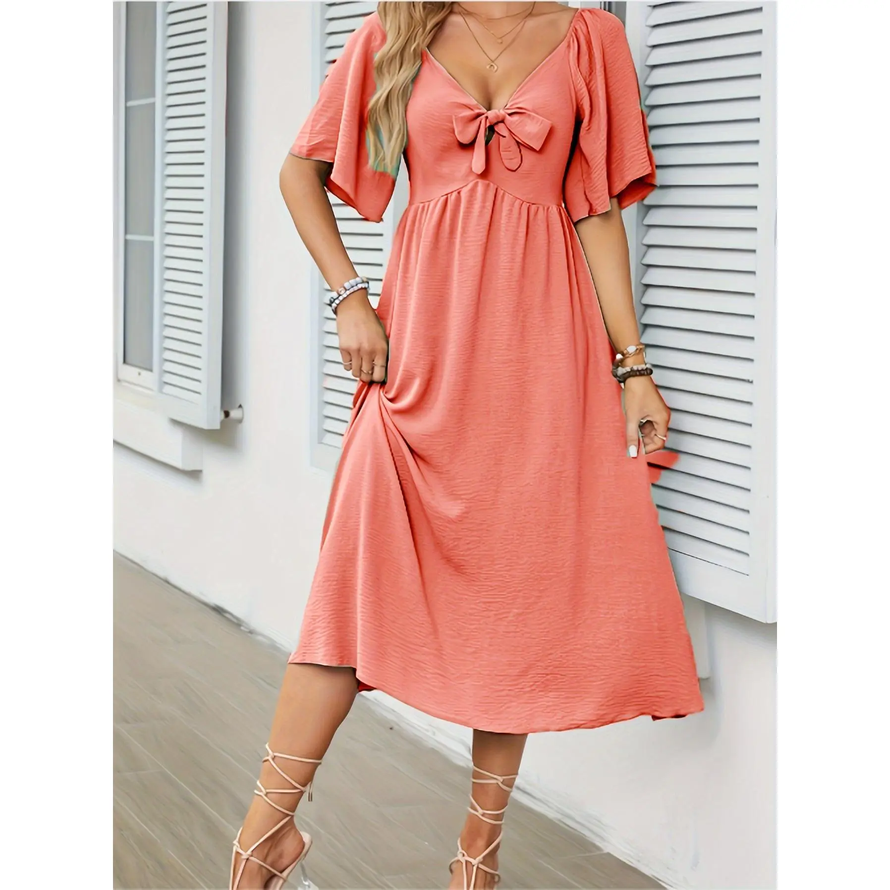 Elegant Coral V Neck Dress with Chest Bow Tie Summer Casual Flowy Silhouette Lightweight Breathable Fabric for Women's Wear Basic Chic Style