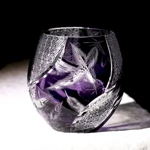 Japanese Purple Edo Kiriko 11oz Crystal Whisky Glass, Hand Carved Cocktail Tumbler, Luxury Clear Cut Glassware for Spirits Serving