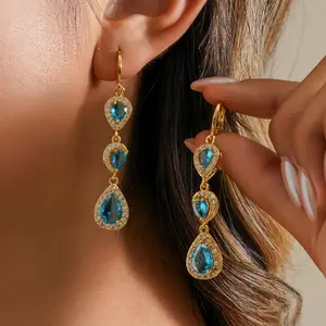 18K Gold Plated Sea Blue Topaz Gemstone Teardrop Waterdrop Moon Design Symmetrical Long Dangle Earrings for Women Hypoallergenic Cubic Zirconia Elegant Chandelier Drop Statement Jewelry Gifts