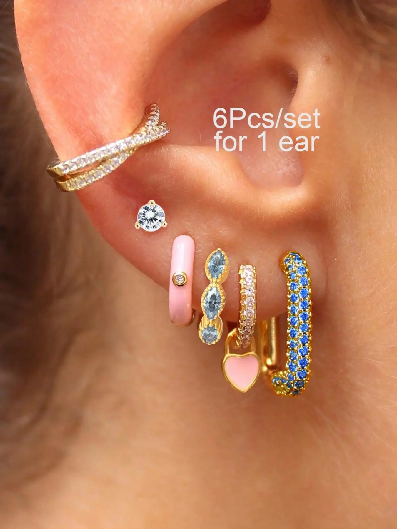 6 Pcs Women's Fashion Earring Set, Fashion Jewelry Earrings, Trendy Fashionable Accessories, Sweet Cute Y2K Heart Pendant Ear Cuffs, Blue Synthetic Zircon, Daily Wear, Perfect Gift, Fashionable Hoop Earrings