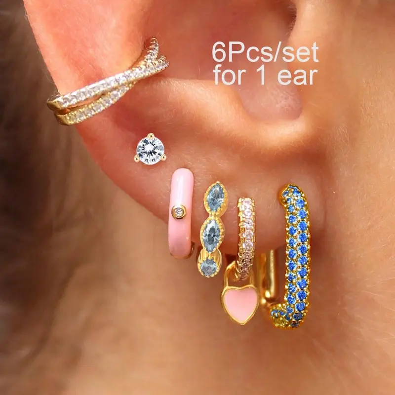 6 Pcs Women's Fashion Earring Set, Earring Pack, Fashion Jewelry Earrings, Sweet Cute Y2K Heart Pendant Ear Cuffs, Blue Synthetic Zircon, Daily Wear, Perfect Gift, Fashionable Hoop Earrings