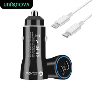 UNIQNOVA Car Charger Fast 40W Dual USBC Ports Power Delivery Rapid Adapter with TypeC / Lightning Cord for iPhone iPad Android