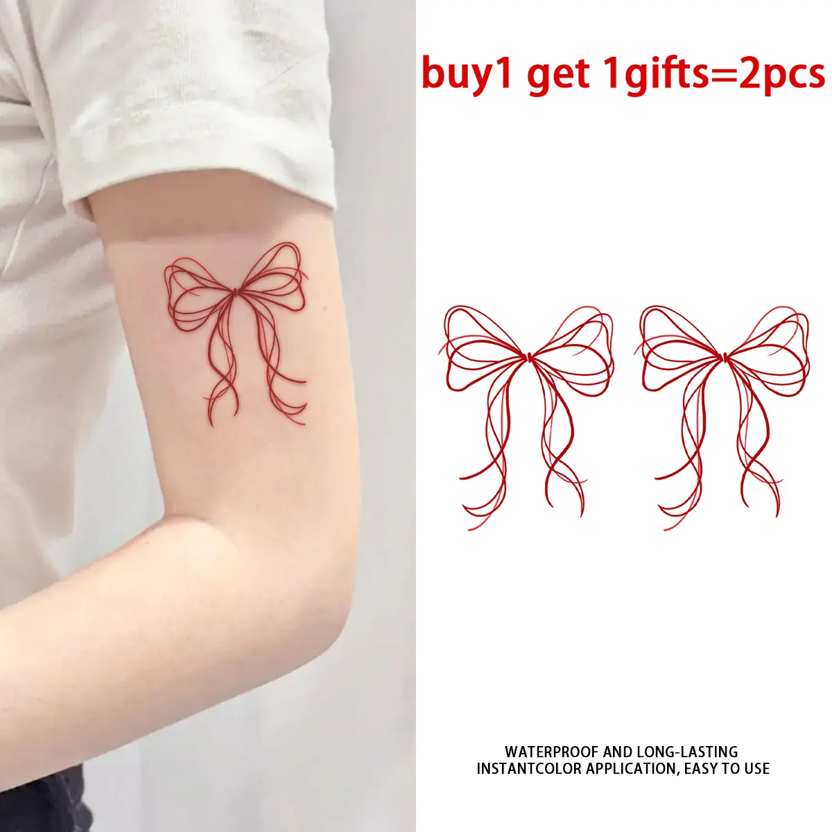 Red Fine Line Ribbon Bow Temporary Tattoo Stickers 2 Pack, Long Lasting Semi-Permanent Waterproof Minimalist Feminine Fake Body Tattoos, Cute Girly Arm Wrist Bow Tattoo For Women Men, Fits All Skin Types Perfect For Beach Swimming Daily Party Wear
