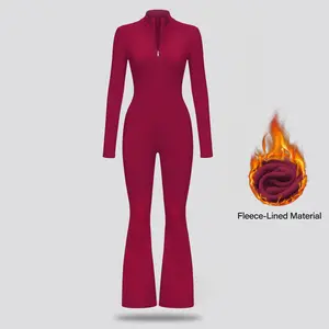 Women’s Long Sleeve Zip-Up Bodysuit – Warm Fleece-Lined Active Jumpsuit for Fall Winter | High Elastic Yoga & Athleisure Outfit, Comfortable Sportswear for Outdoor & Lounge