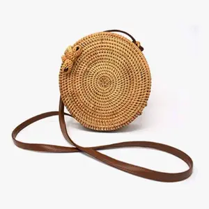 Women's Summer Bodycross Rattan Purse with Brown Leather Strap Handmade Woven Design