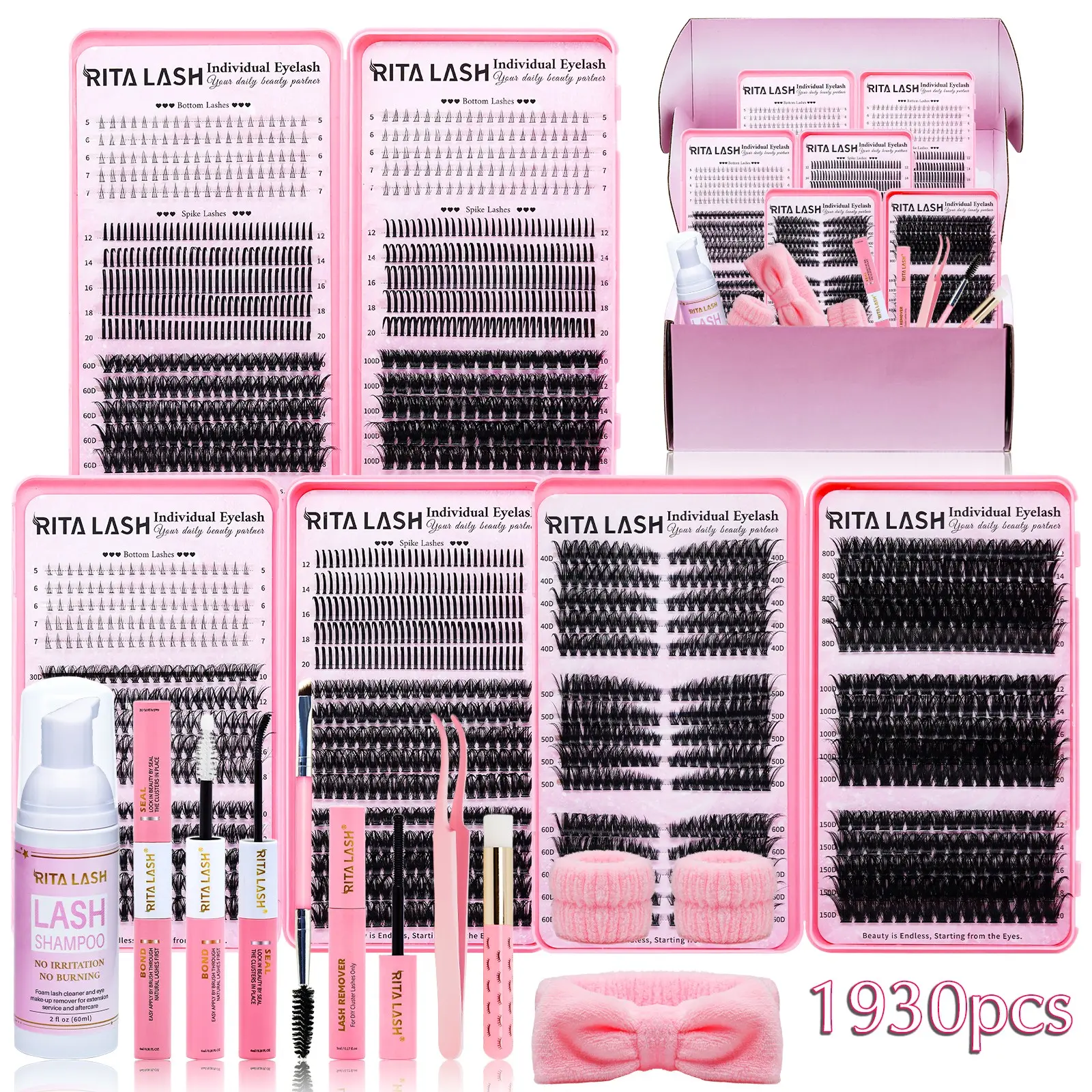 RITALASH 1930Pcs D Curl Eyelash 3 Trays Individual Eyelashes Kit Bottom+Spike+60D+30D+50D+Cat40D/50D/60D+150D Natural Eye Makeup, Cosmetic Eyelashes, Diy Dramatic Lashes, Easy To Carry, Reusable, with Makeup Tools Bond&Seal, Remover and Headband