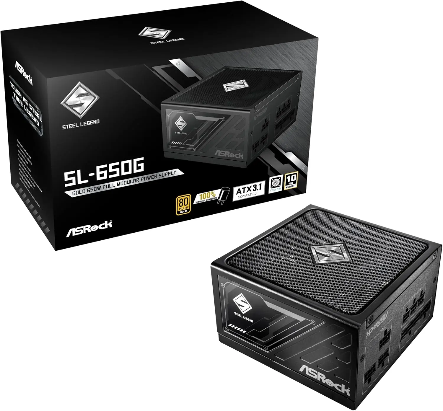 Steel Legend 650W Power Supply ATX 3.1 PCle iCOOL Full Modular 10 Years Warranty 135 mm FDB Fan SL-650G 80 Plus Gold Cybenetics Platinum Japanese Capacitor 5V Boost