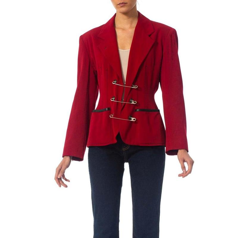 1980S JEAN PAUL GAULTIER Red Wool Very Rare Jacket With Leather And Oversized Safety Pin Details