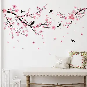 6 Pcs Flowers Wall Decals Stickers Vinyl Removable Peel and Stick Colorful Dragonflies Floral Wall Murals Decor for Bedroom Living Room Nursery (Cherry Blossoms)