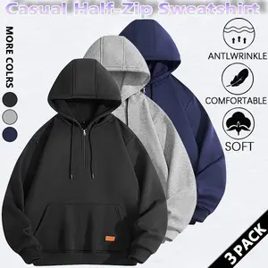 Men's solid color quarter-zip hooded sweatshirt, regular fit casual long-sleeved half-zip jacket, suitable for autumn and winter wear, men's everyday clothing, simple and high-quality menswear.