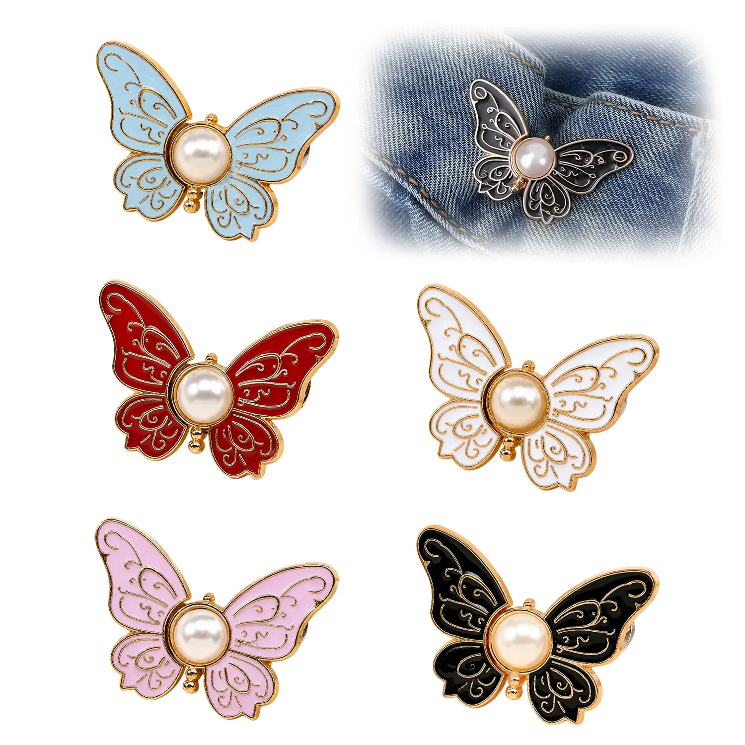 5PCS Pant Waist Tightener, Detachable Butterfly Clips Jean Buttons for Loose Jeans, Adjustable Waist Buckle Sets No Sew and No Tools Decorative Butterfly Waist Buckles, Jean Buttons Pins