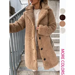 Women's Faux Fur Long Sleeve Lapel Coat, Plush Lined Overcoat, Casual Fashion Outerwear for Fall & Winter, Ladies' Warm Jacket