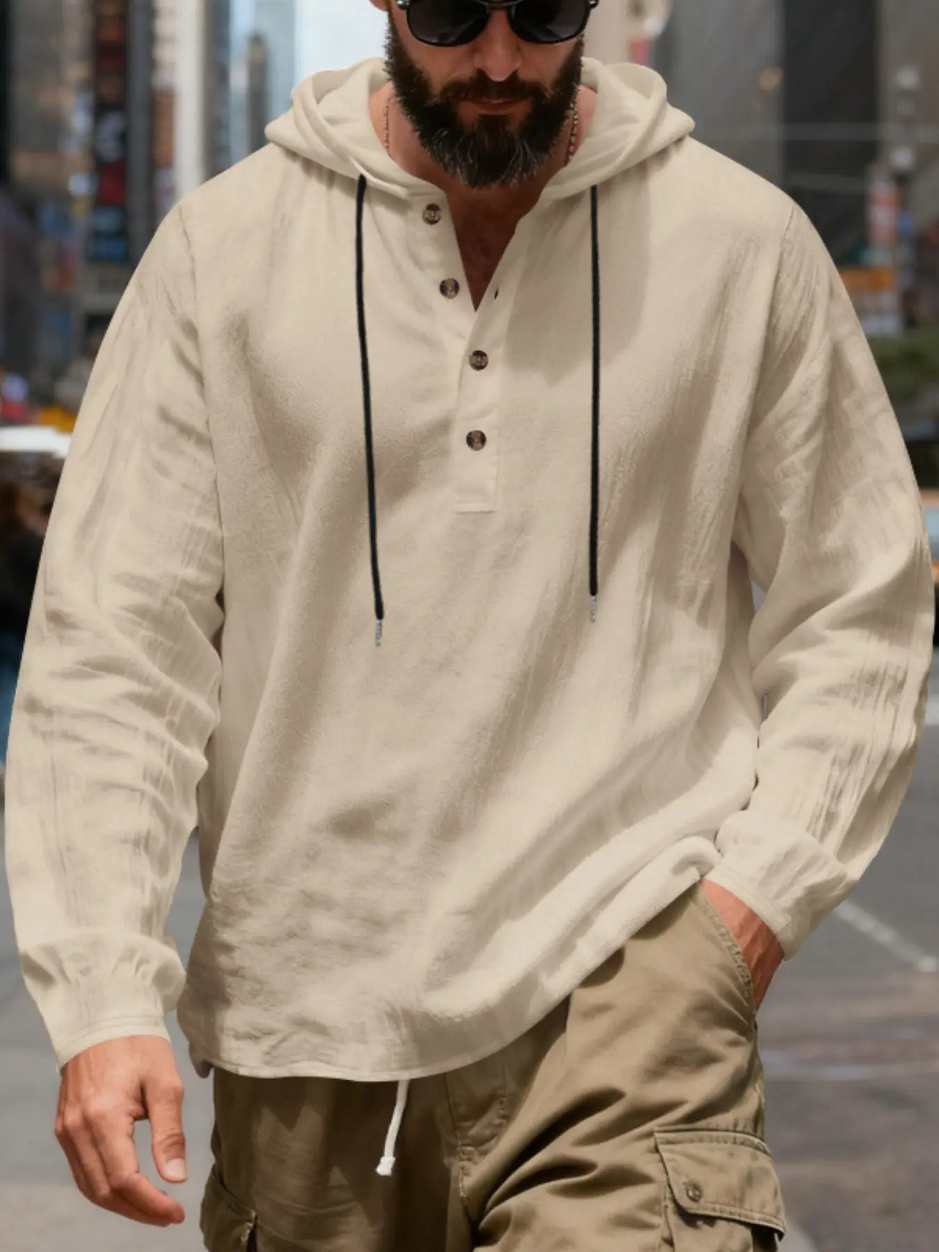 Men's Breathable Linen Hooded Long Sleeve Beach Henley Casual Streetwear Sweatshirt, Casual Classic Spring & Fall Fashion, Loose Fit, Plain Pattern
