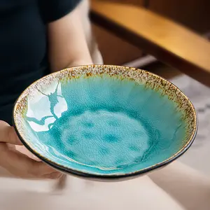 1pc Ice Crack Glaze Ceramic Plate, Irregular Shape Deep Dish, Home Use, Dishwasher Safe, Boho Style, Non-Bone China, Batch T11982409