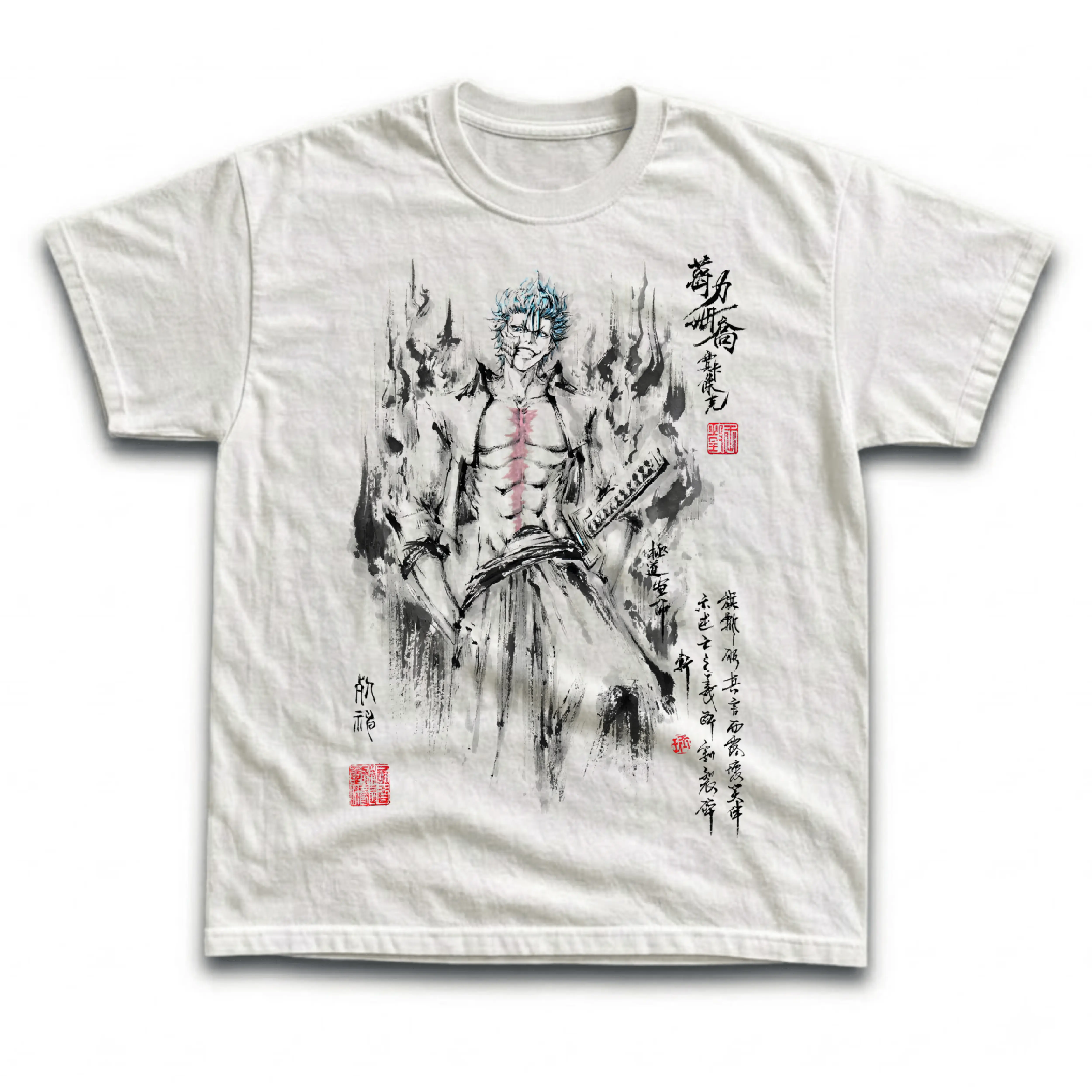 Gildan Men's and Women's T-Shirt, Vintage Bleach Graphic Tee, Grimmjow Jaegerjaquez Tee, Espada No 6 Shirt, Japanese Ink Calligraphy Top, Sumi-e Brush Art Merch, Kanji Red Seal, Retro Anime Streetwear Unisex