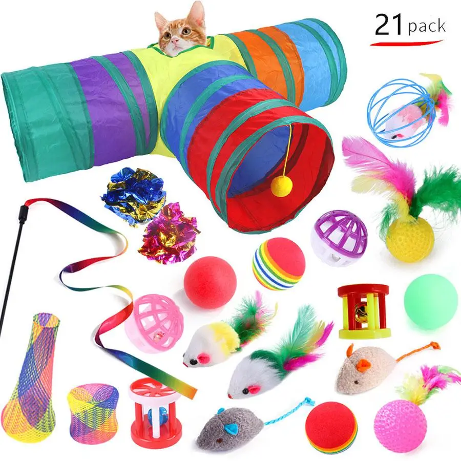 Interactive Feather Cat Toy Set, 1 Set Foldable 3-way Tunnel Cat Toy, Indoor Cat Toy, Pet Supplies for Indoor Cats, Cat Accessories