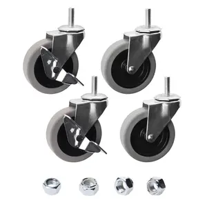 3 Inch, Locking Swivel Caster Wheels, Set of 4, Heavy Duty with Nylon Nuts for Carts, Replacement Rubber Wheels, Threaded Stem 3/8"-16 x 1", 130 Lbs Per Caster
