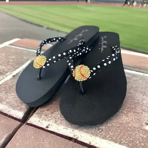 Black Polka Dot Softball Rhinestone Flip Flops for Women in Sandals, Sports Moms and Players