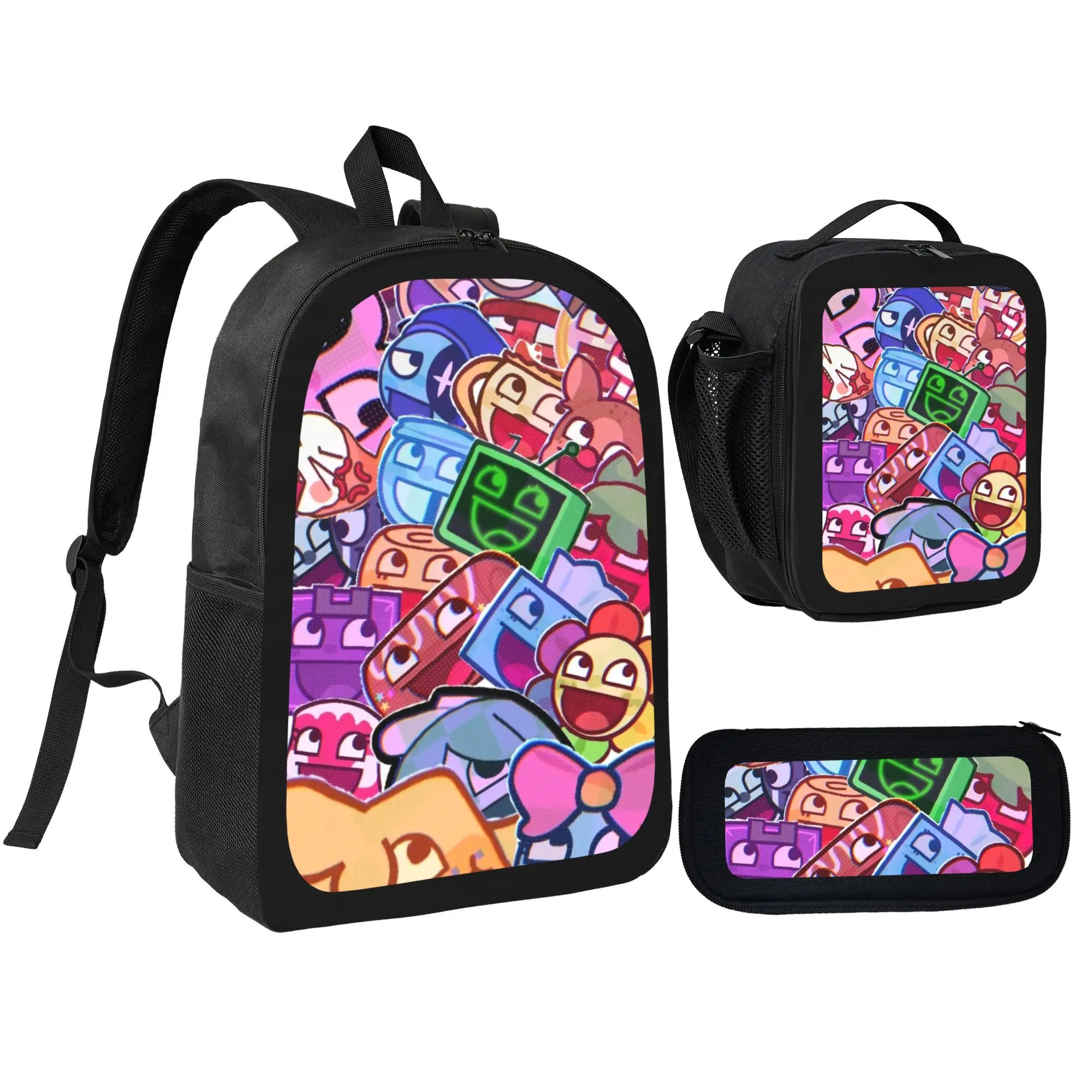 Kids Dandy's World 3 Piece School Backpack Set, Insulated Lunch Bag + Pencil Pouch Matching Game Character Daypack, Water Resistant Student Bookbag for Elementary Boys & Girls