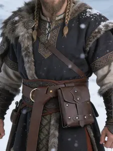 2 Piece Medieval Vintage PU Leather Plain Belt Bag Set, Viking Role Play Props, Renaissance Fair Clothing Accessories, All Seasons