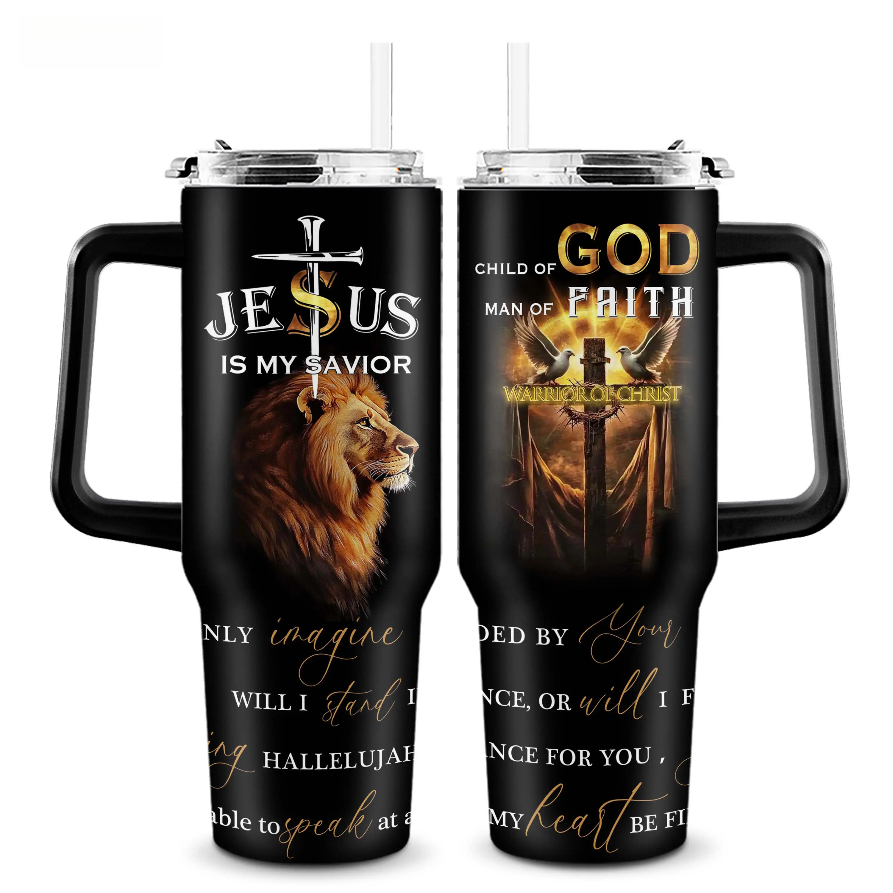 40oz Christian Warrior Insulated Stainless Steel Vacuum Flask with Handle, Straw & Lid - Armor of God Portable Tumbler, Faith-Based Religious Gift for Men, Ideal for Coffee, Iced Tea