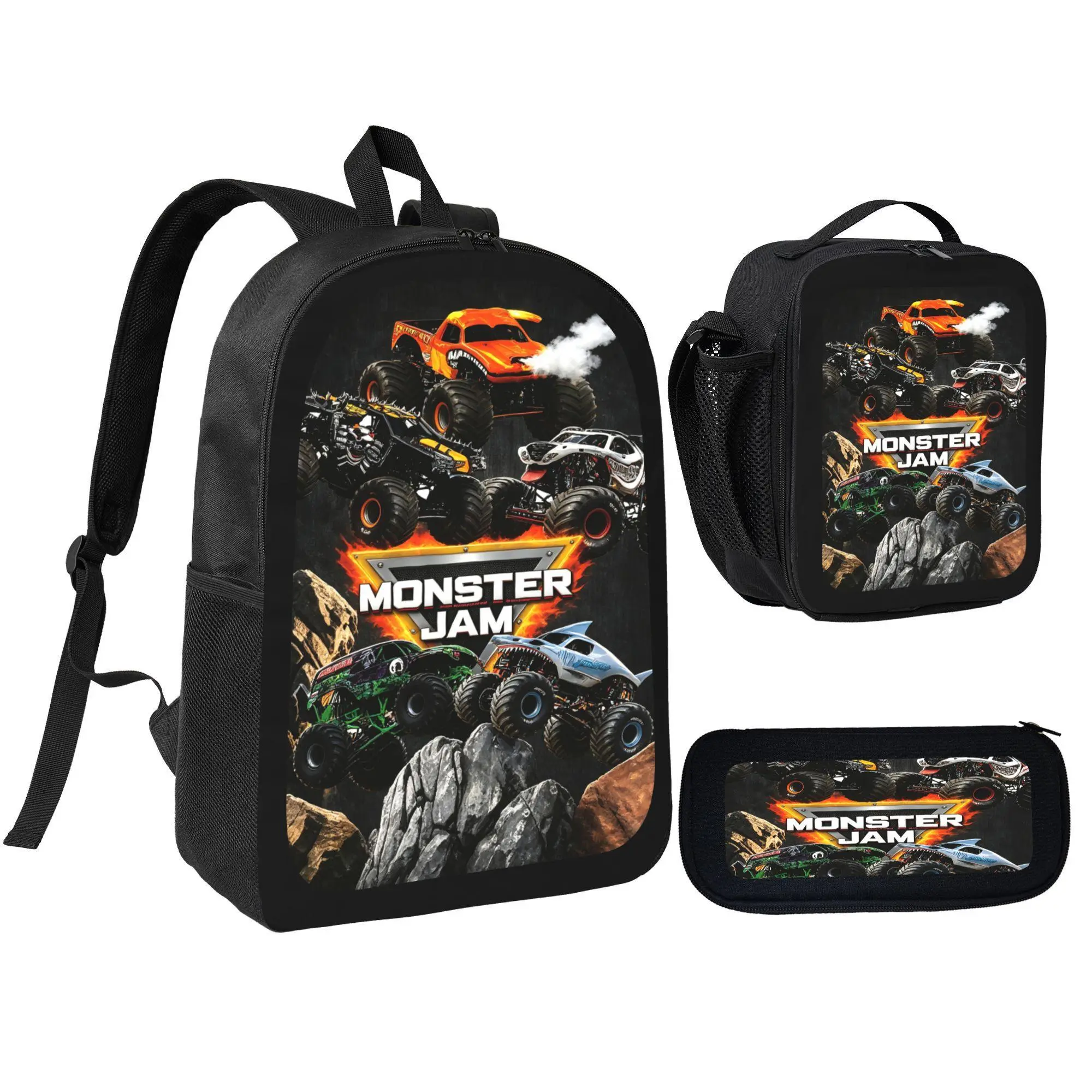 Monster Jam Monster Truck 3-in-1 Backpack Set - Lightweight Fabric School Backpack with Insulated Lunch Bag, Pencil Case, Adjustable Straps for Boys' School Commute