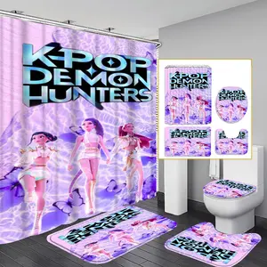 4-Piece Modern Bathroom Curtain Set, Colorful Background Shower Curtains, Includes 12 Hooks, Non-Slip Toilet Mat & U-Shaped Seat Cover, Shower Curtain Sets