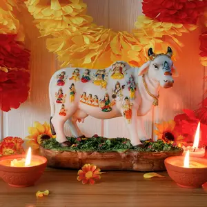 Indian God Wish-fulfilling Cow Statue- 8.7”L Indian Idol Kamadhenu Figurine Diwali Pooja Decor for Indian Man Woman Friends Family Diwali gifts Murti Pooja Item Home Office Mandir Temple Puja Item