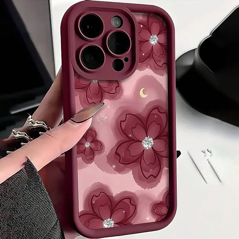 Phone case: Burgundy Gradient Red Floral Pattern Full-Body TPU Shockproof Phone Case, Compatible with iPhone 16e/16/15/14/13/12/11/8/7 Pro/Pro Max/Plus/X/XS/XR/XS Max, Birthday/Anniversary Gift, Accessories, Smartphone