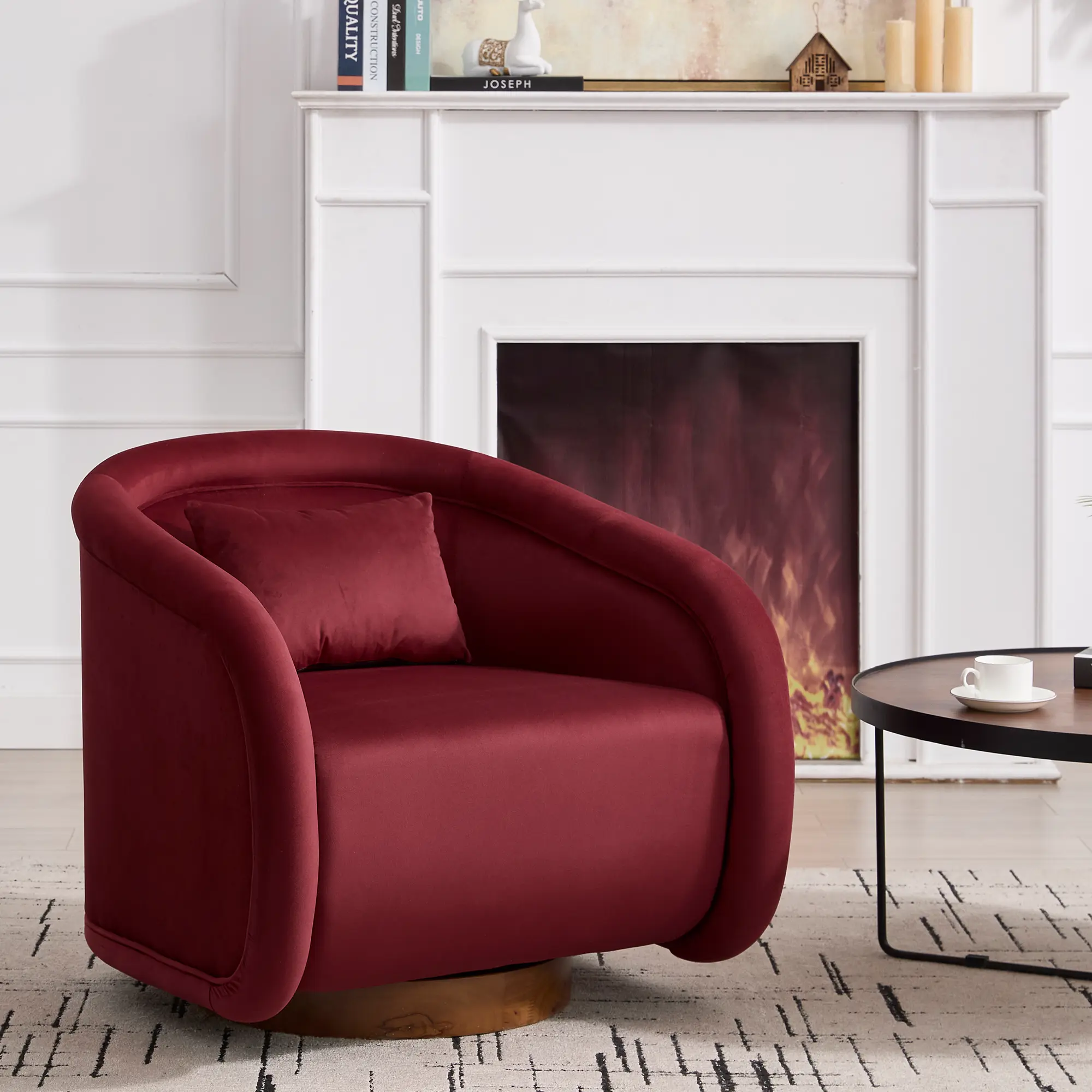 Pumpkin-Shaped Velvet Swivel Accent Chair with 360° Rotation, Modern Barrel Armchair for Living Room, Bedroom, Office – Wine Red