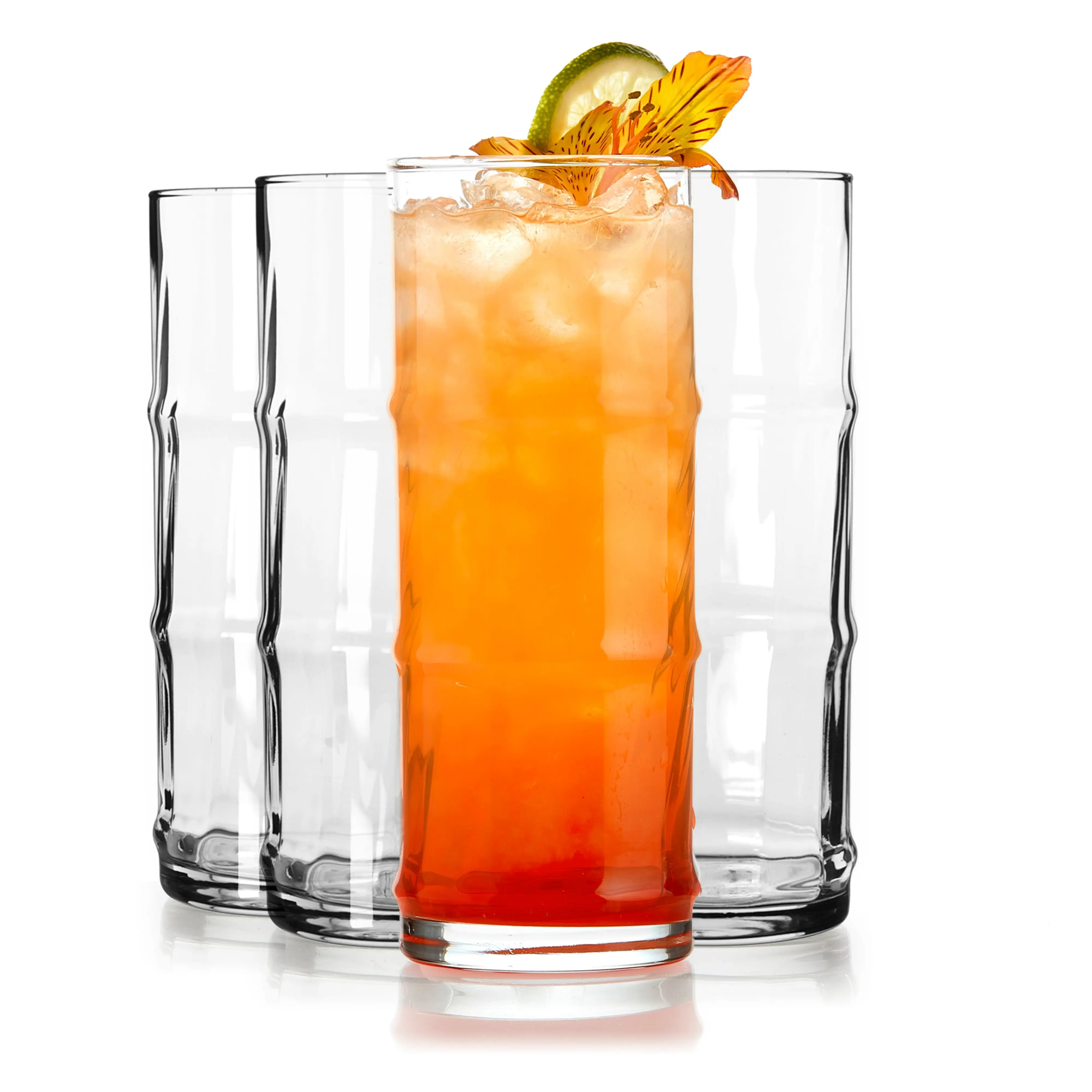 Libbey Tiki Bamboo Highball Drinking Glasses Set of 4, Iconic 16 Oz Tall Cocktail Glasses, Modern Drinking Glass Cups for Backyard and Summer Parties
