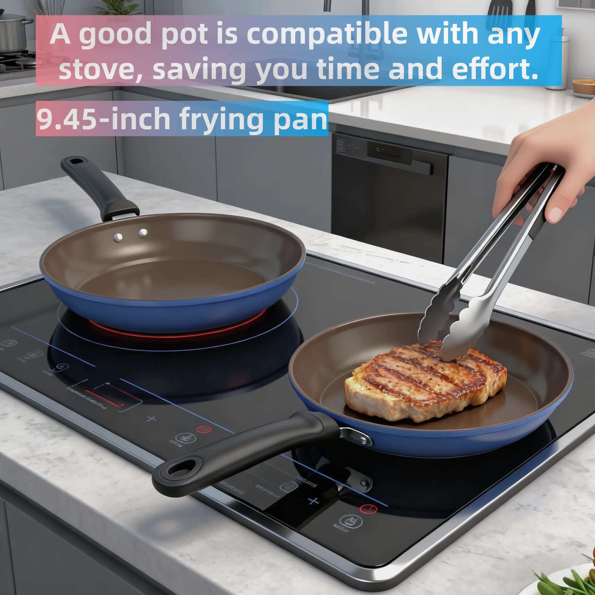 24cm Blue Non-Stick Iron Skillet with Handle - Flat-Bottomed Household Cookware, No Lid, Compatible with Induction & Gas Stoves, for Pancakes, Fried Steak, Blue Non-Stick Flat Bottom Pan 24Cm / No Lid