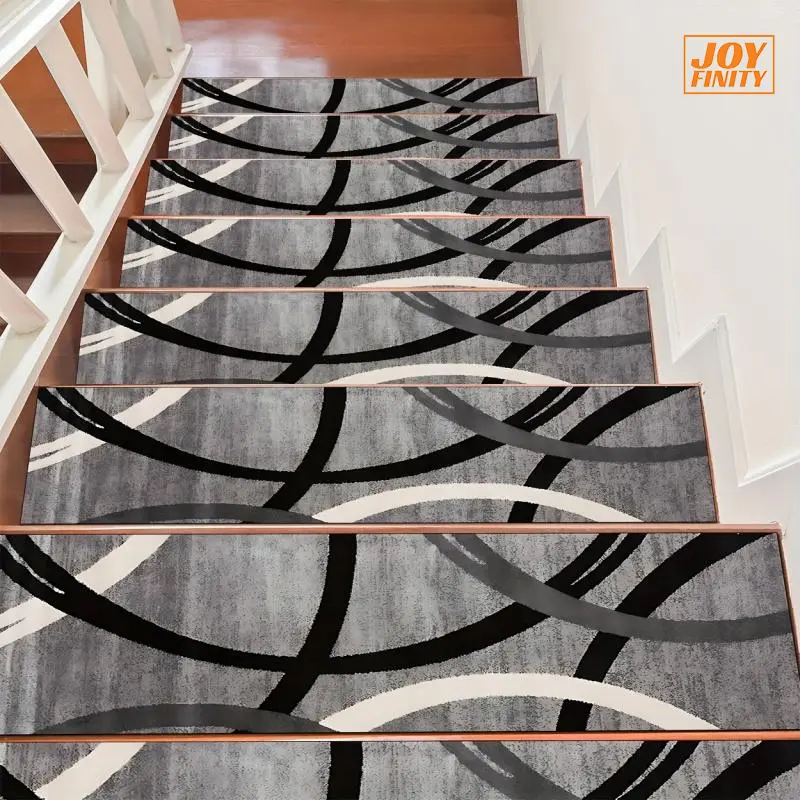 Joyfinity 15pcs Non-Slip Stair Tread,Modern Curved Black Treads with Steps,Machine Washable Rectangular Staircase Pads for Office,Easy Install
