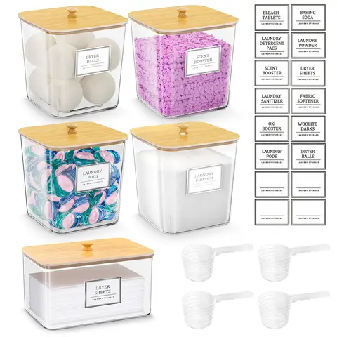 4+1 Pack Laundry Pods Storage Container, Clear Laundry Room Organization and Storage, Detergent Powder Container, with Wooden Lids & Labels