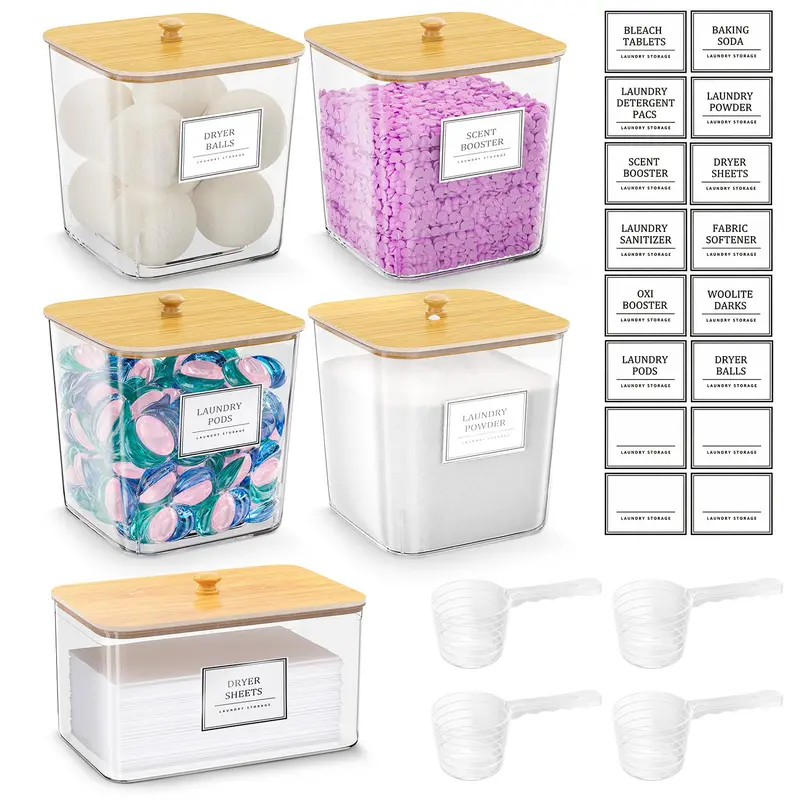 4+1 Pack Laundry Pods Storage Container, Clear Laundry Room Organization and Storage, Detergent Powder Container, with Wooden Lids & Labels