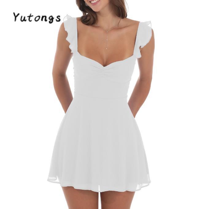 #TikTokShopBacktoSchool Women Summer Mini Cami Dress Solid Color Sleeveless Open Back Smocked Waist Mesh Dress Top Casua