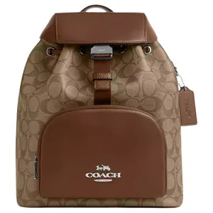 Coach Pacer 27 Backpack for Women – Adjustable Strap, Faux Leather and Genuine Leather Blend, Large Size, Khaki