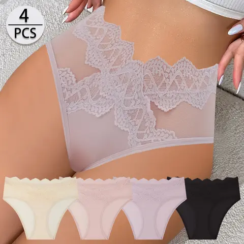 QUASTI Women's 4PCS Mid-Waist Elastic Panty Set, Basic Daywear Sexy Solid Color Underwear with Delicate Floral Lace, Glossy Silky Oil-Cloth Breathable Skin-Friendly Stretch Briefs, S-XXL