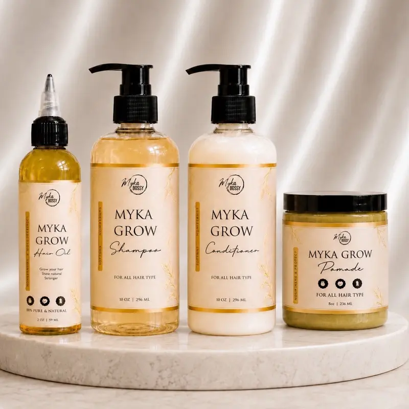 Myka Pomade Haircare Set - 10 oz Shampoo, 8 oz Pomade, 4 oz Vitamin-Rich Hair Growth Oil, Hydrating Conditioner for Daily Use & Healthy Hair