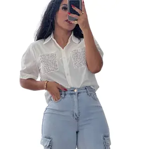 Jennifer Cropped Button Up Shirt - Casual Women's Top, Breathable Fabric, Comfortable Fit, White with Graphic Design, Ideal for Casual Wear